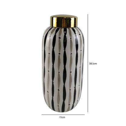 38.1cm Black and White Ginger Jar with Gold Lid