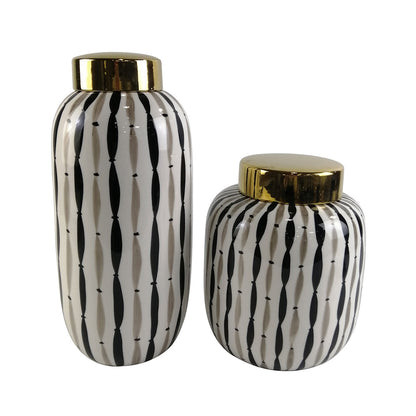 38.1cm Black and White Ginger Jar with Gold Lid