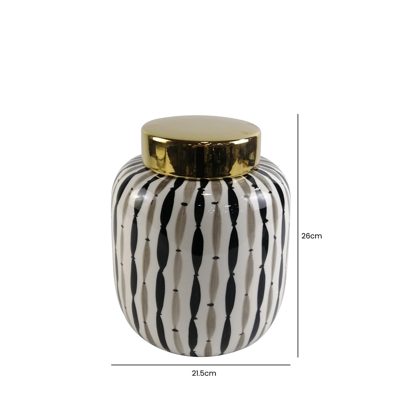 26cm Black and White Ginger Jar with Gold Lid