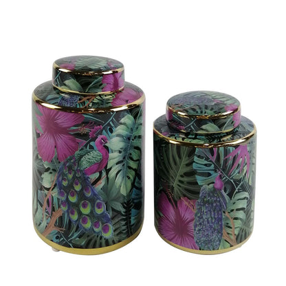 21.4cm Green and Pink Palm Leaves Design Ginger Jar