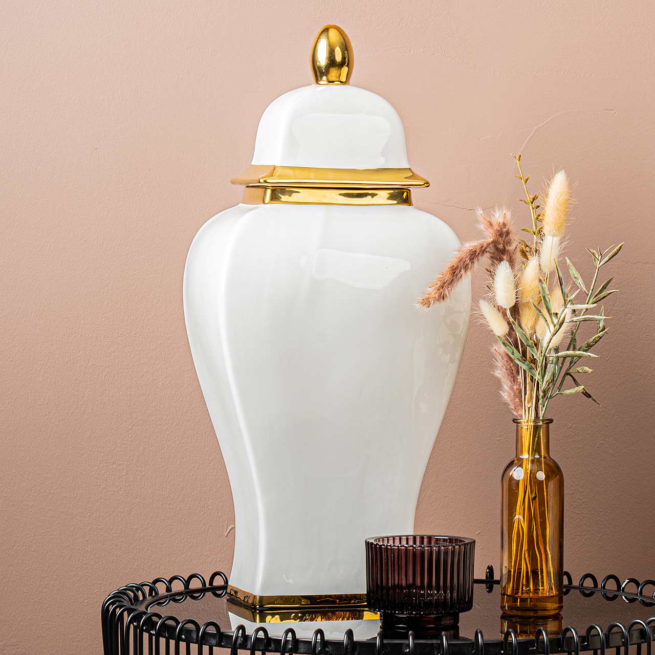 51cm White Ginger Jar with Gold Lid