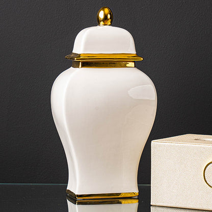 34.8cm White Ginger Jar with Gold Lid