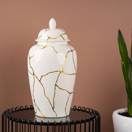 41cm White and Gold Ginger Jar