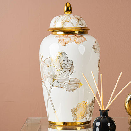 41cm White and Gold Flower Design Ginger Jar