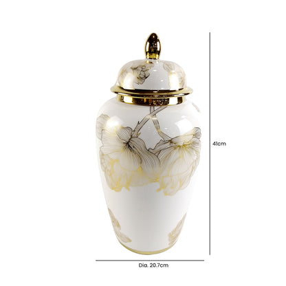 41cm White and Gold Flower Design Ginger Jar