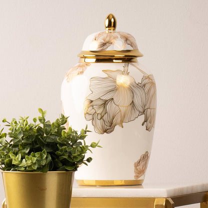 31.3cm White and Gold Flower Design Ginger Jar