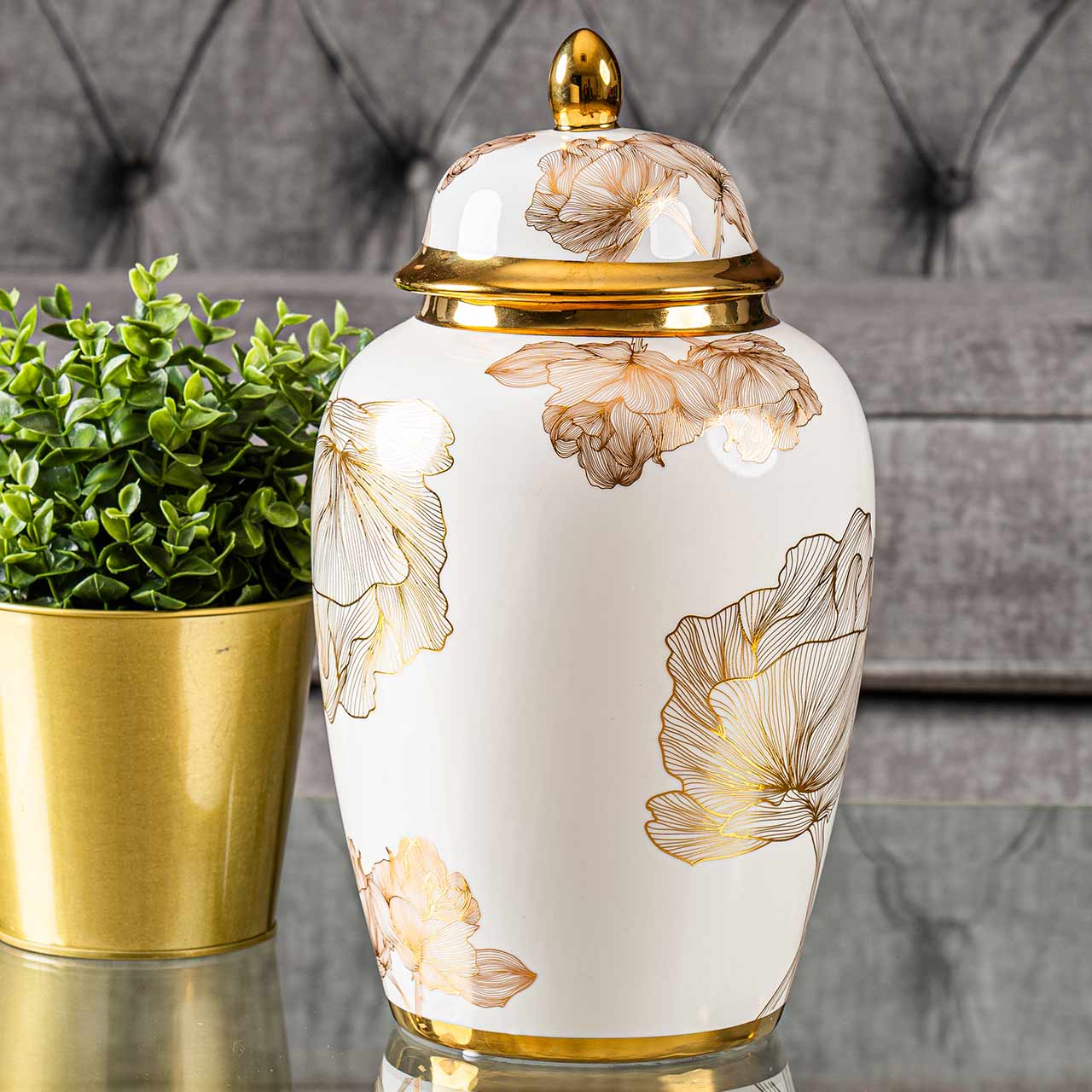 31.3cm White and Gold Flower Design Ginger Jar