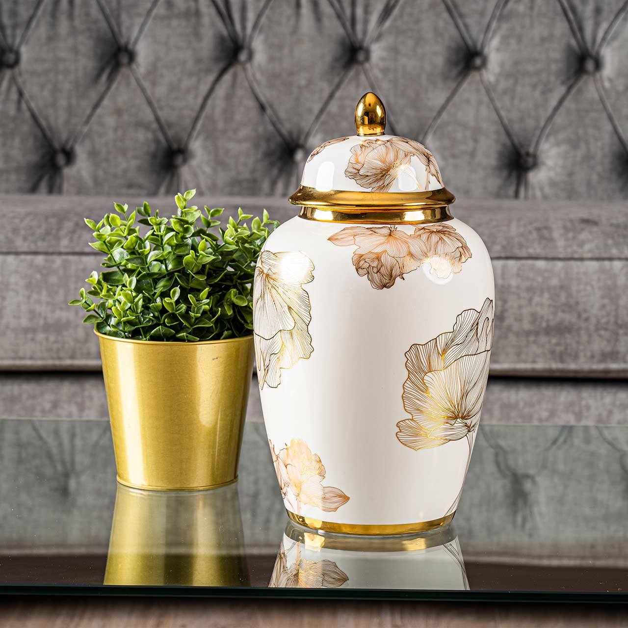 31.3cm White and Gold Flower Design Ginger Jar