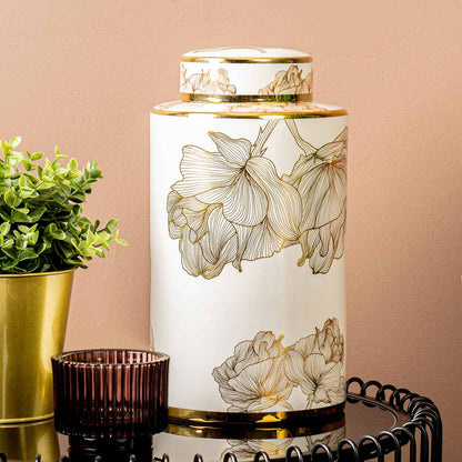 30cm White and Gold Flower Design Ginger Jar