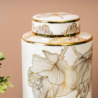 30cm White and Gold Flower Design Ginger Jar