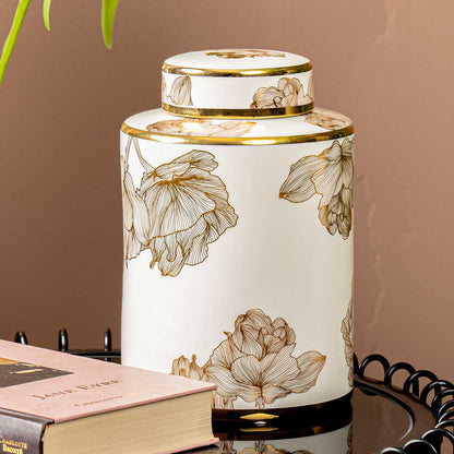 20.6cm White and Gold Flower Design Ginger Jar