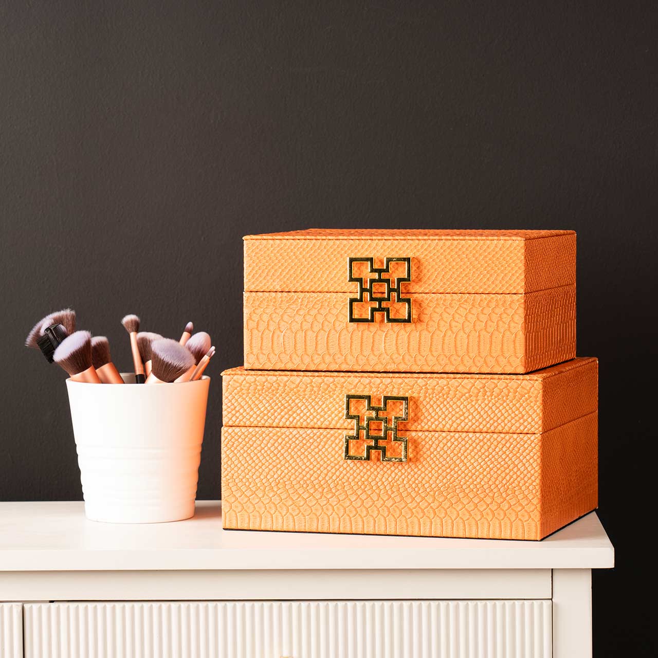 Set of 2 Orange Faux Leather Jewellery Boxes with Gold Handle