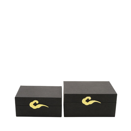Set of 2 Matte Black Faux Litchi Jewellery Boxes with Gold C-Wave handle