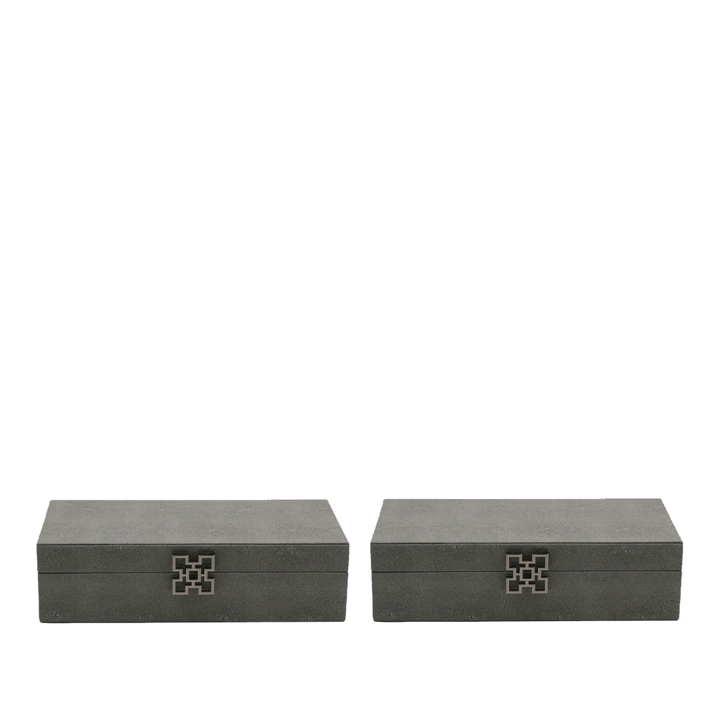 Set of 2 Grey Faux Litchi Jewellery Boxes with Gunmetal Handle
