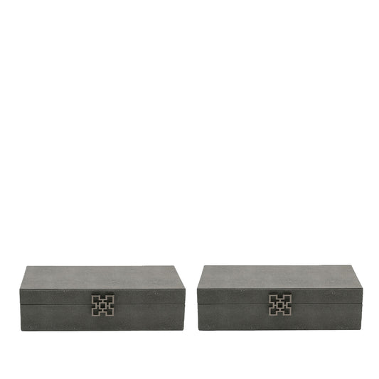 Set of 2 Grey Faux Litchi Jewellery Boxes with Gunmetal Handle