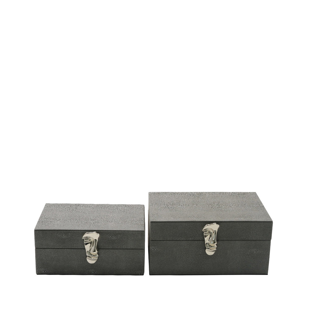Set of 2 Grey Faux Litchi Jewellery Boxes with Chrome Face Handle