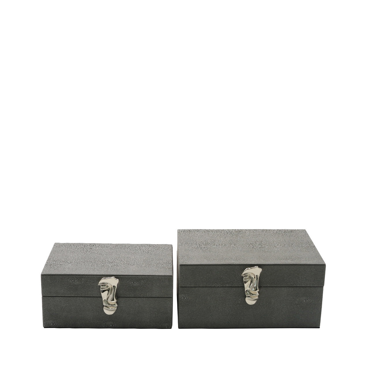Set of 2 Grey Faux Litchi Jewellery Boxes with Chrome Face Handle