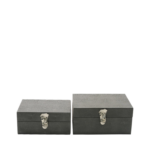 Set of 2 Grey Faux Litchi Jewellery Boxes with Chrome Face Handle