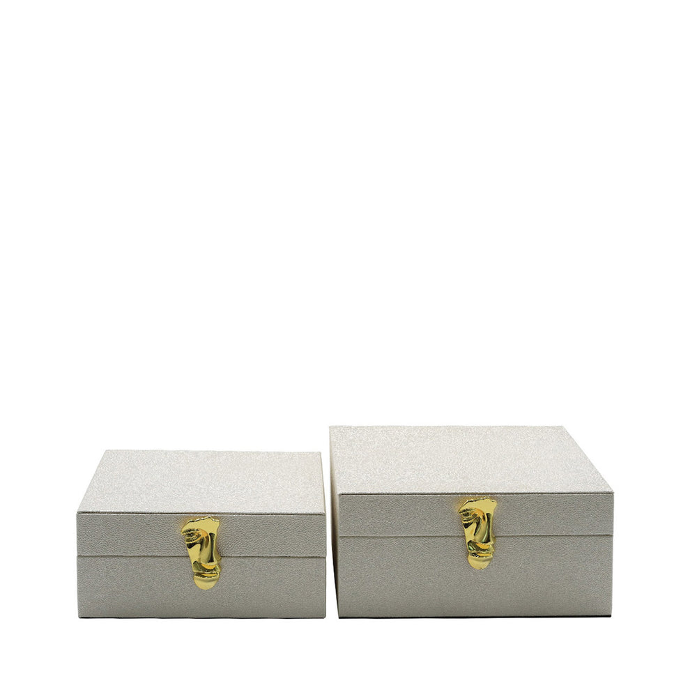 Set of 2 White Faux Litchi Jewellery Boxes with Shiny Gold Face Handle