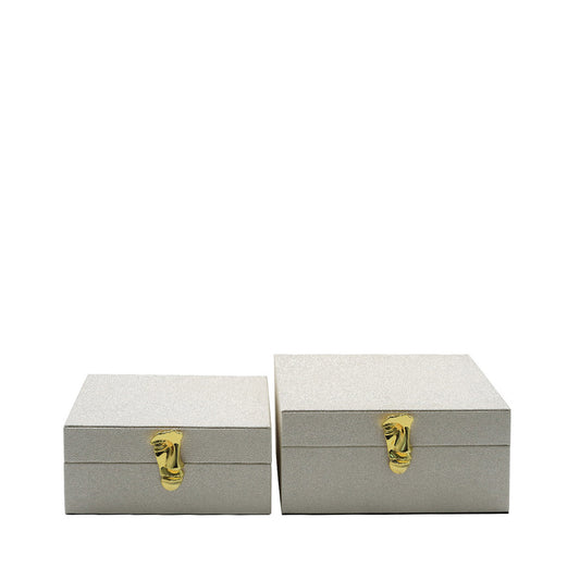 Set of 2 White Faux Litchi Jewellery Boxes with Shiny Gold Face Handle