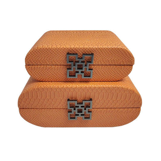 Set of 2 Orange Faux Leather Jewellery Boxes with Gunmetal Handle