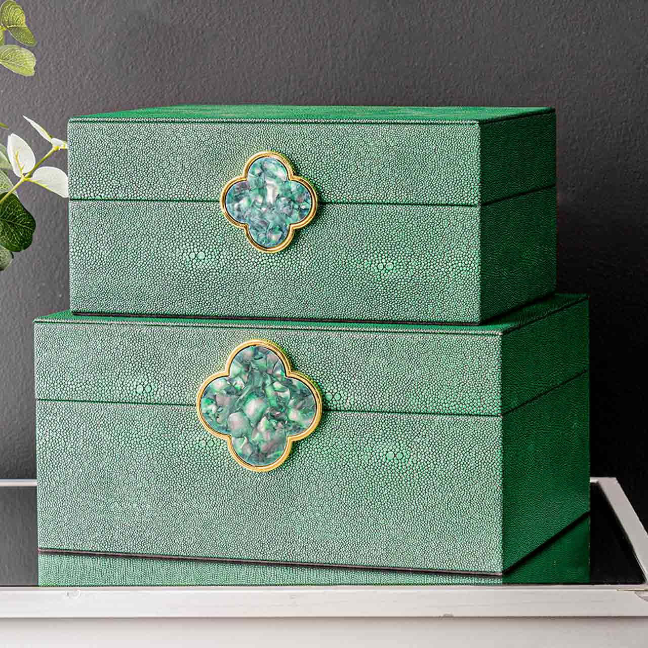 Set of 2 Green Faux Litchi Jewellery Boxes with Green and Gold Handle