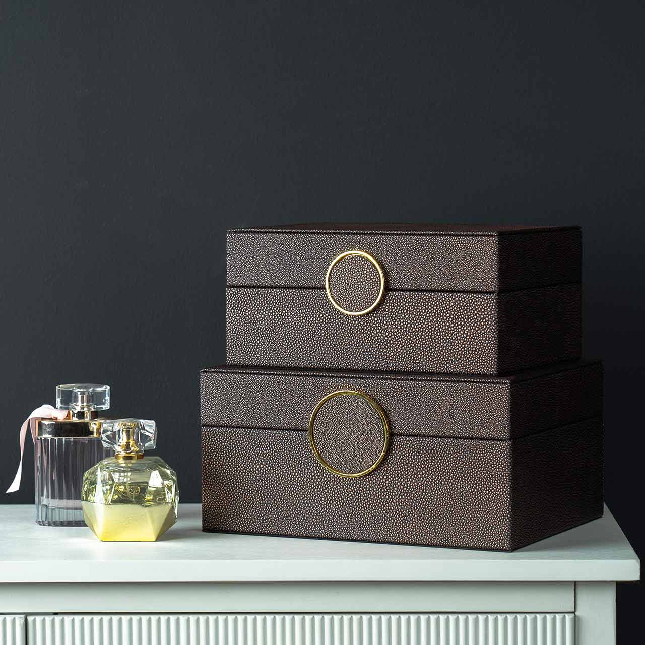 Set of 2 Black and Copper Faux Litchi Jewellery Boxes with Gold Ring Handle
