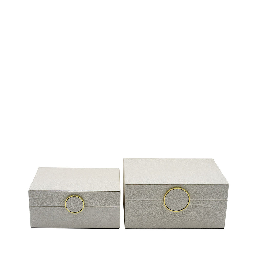 Set of 2 White Faux Litchi Jewellery Boxes with Gold Ring Handle