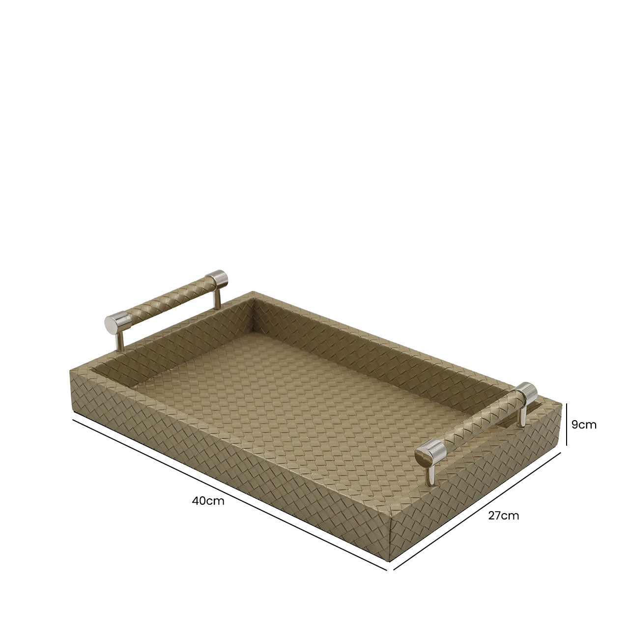 40x27 Matte Gold Faux Leather Tray with Silver Handle