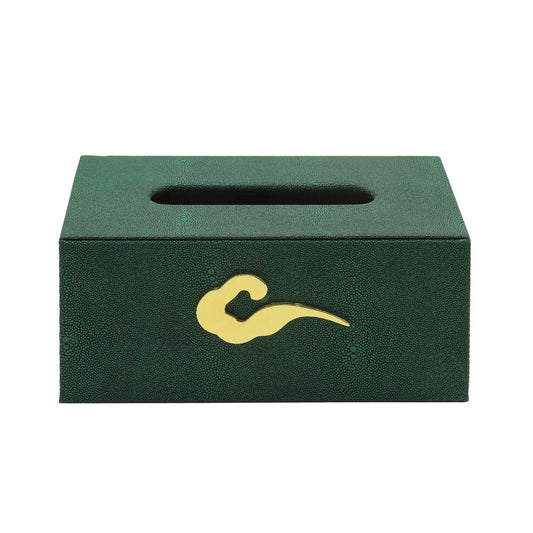 Green Faux Litchi Tissue Box Holder with Gold C-Wave Handle