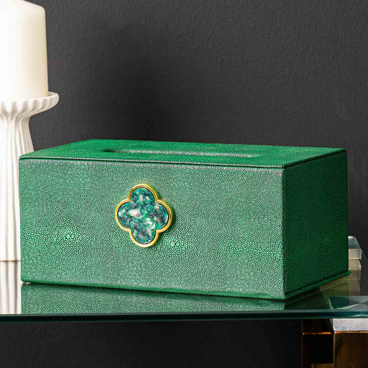 Green Faux Litchi Tissue Box Holder with Green and Gold Handle