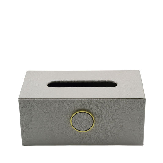 White Faux Litchi Tissue Box Holder with Gold Ring Handle