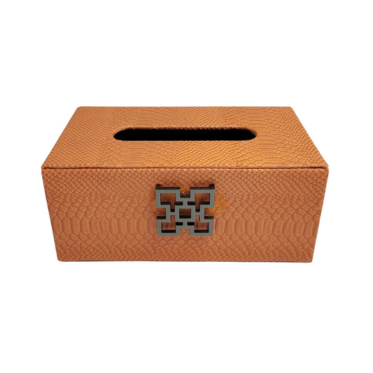 Orange Faux Leather Tissue Box Holder with Gunmetal Handle