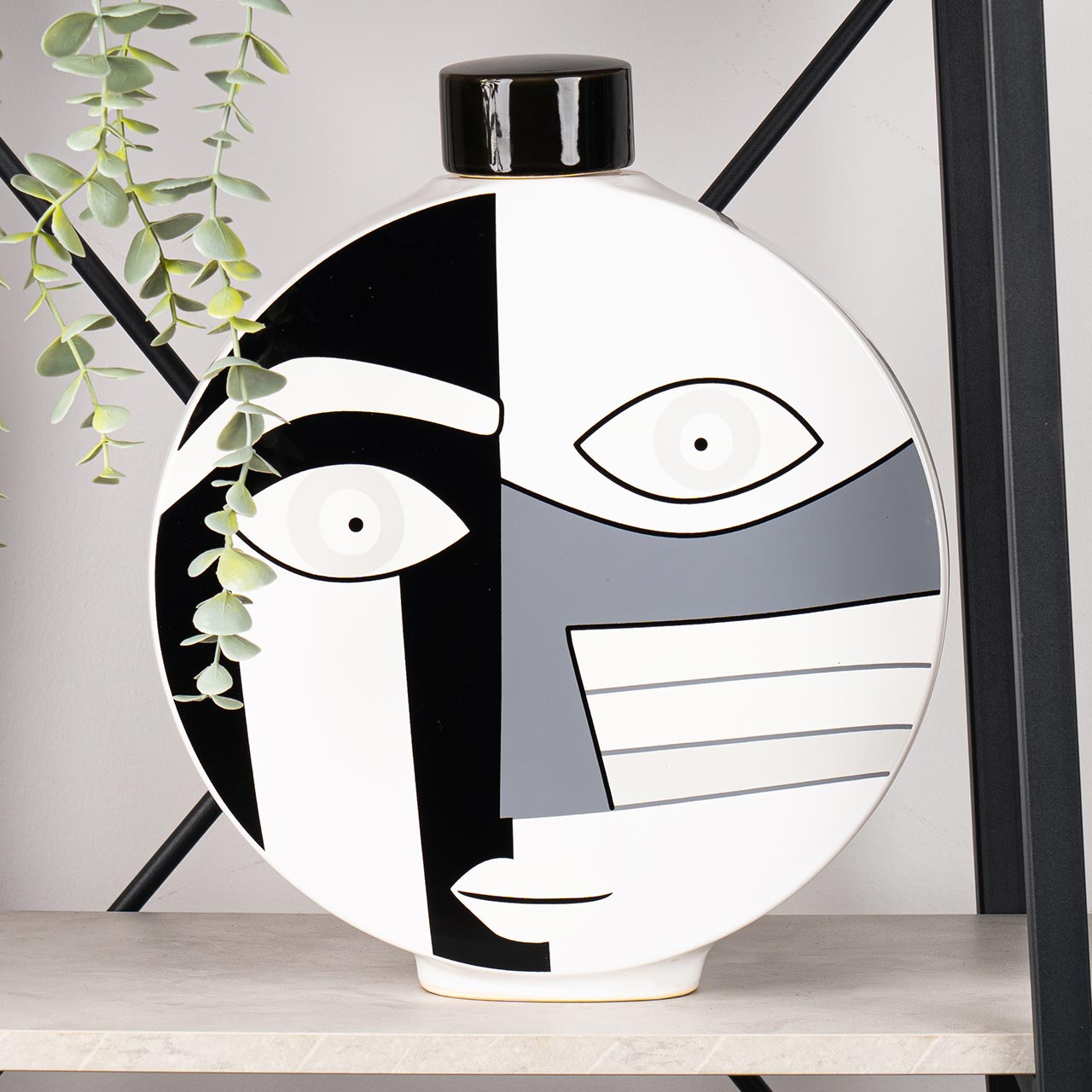 34cm Black and White Face Abstract Ginger Jar