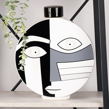 34cm Black and White Face Abstract Ginger Jar