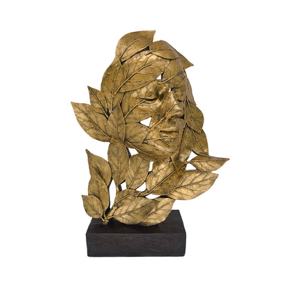 32.2cm Gold Polyresin Face and Leaf Figurine Black Base