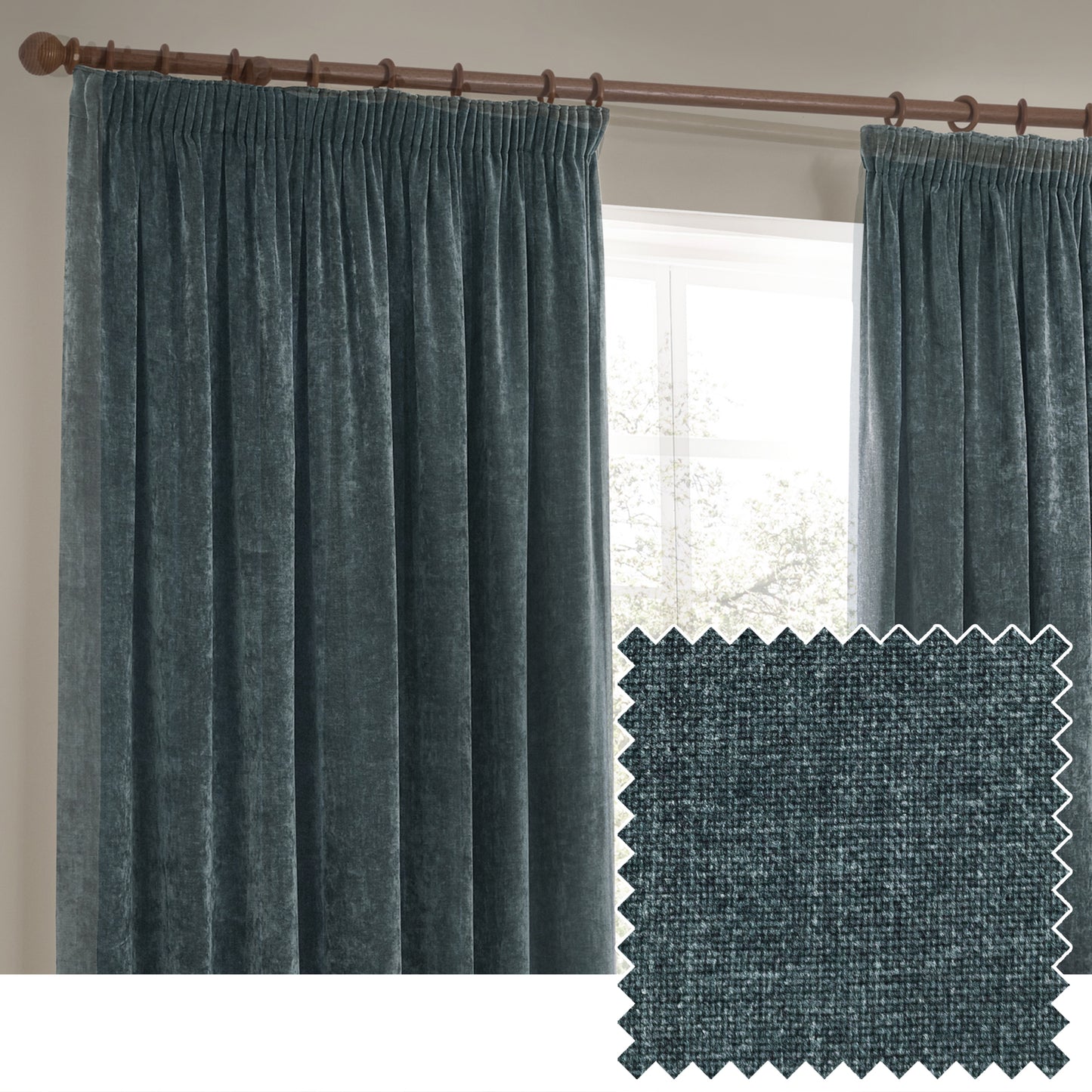 HEAVY CHENILLE 117X137 PENCIL PLEAT CURTAIN MARINE