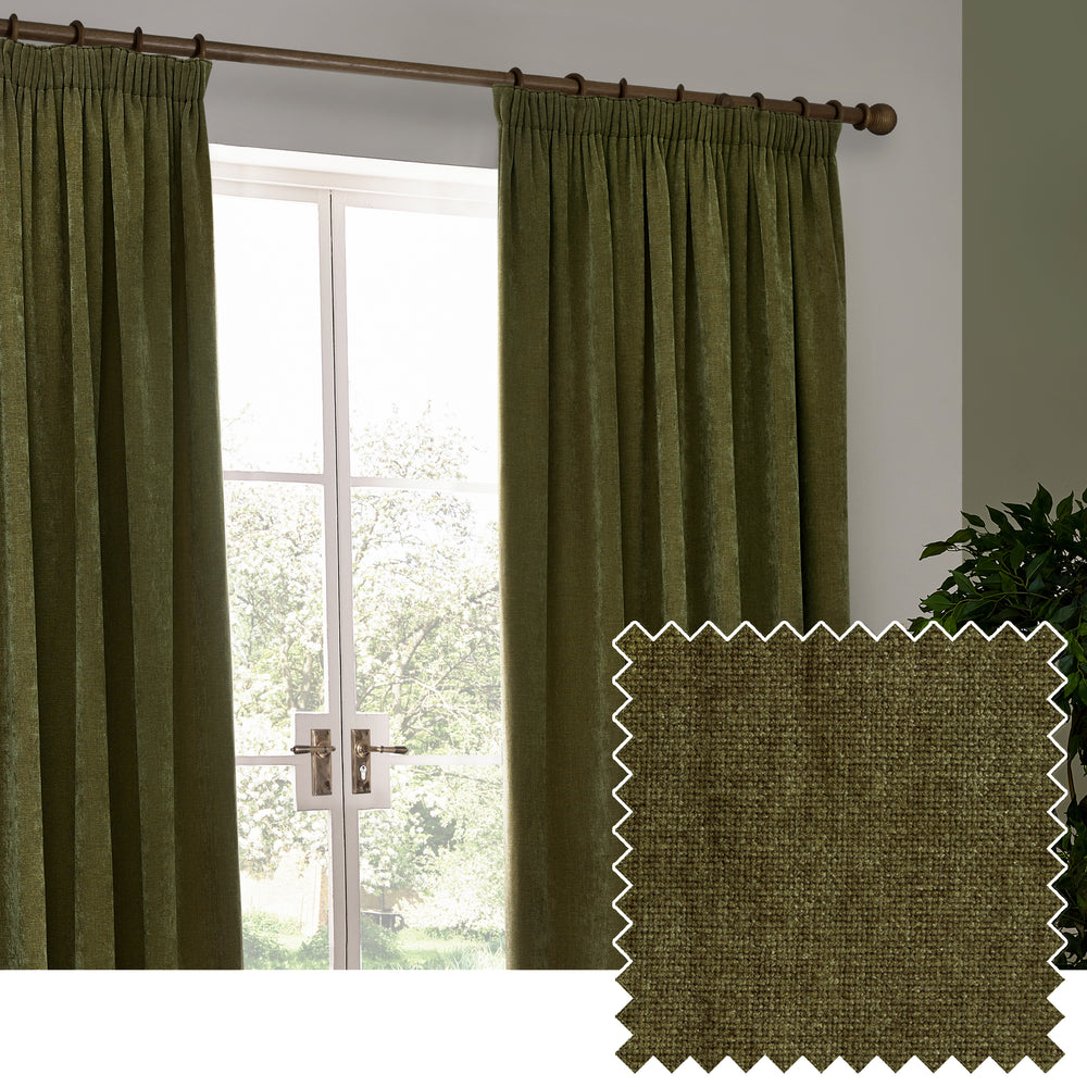 Heavy Chenille 117x137 Pencil Pleat Curtain Olive
