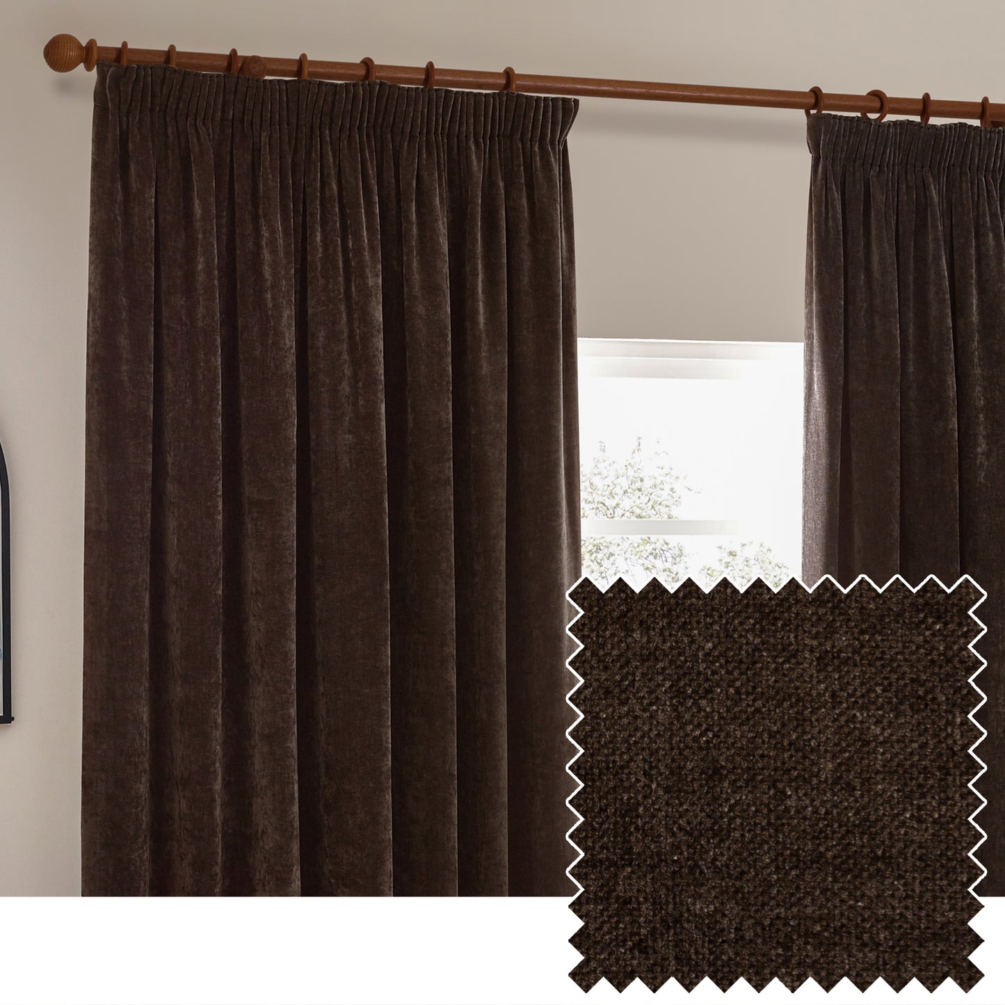 HEAVY CHENILLE 168X229 PENCIL PLEAT CURTAIN BROWN