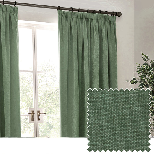 HEAVY CHENILLE 229X137 PENCIL PLEAT CURTAIN EUCALYPTUS