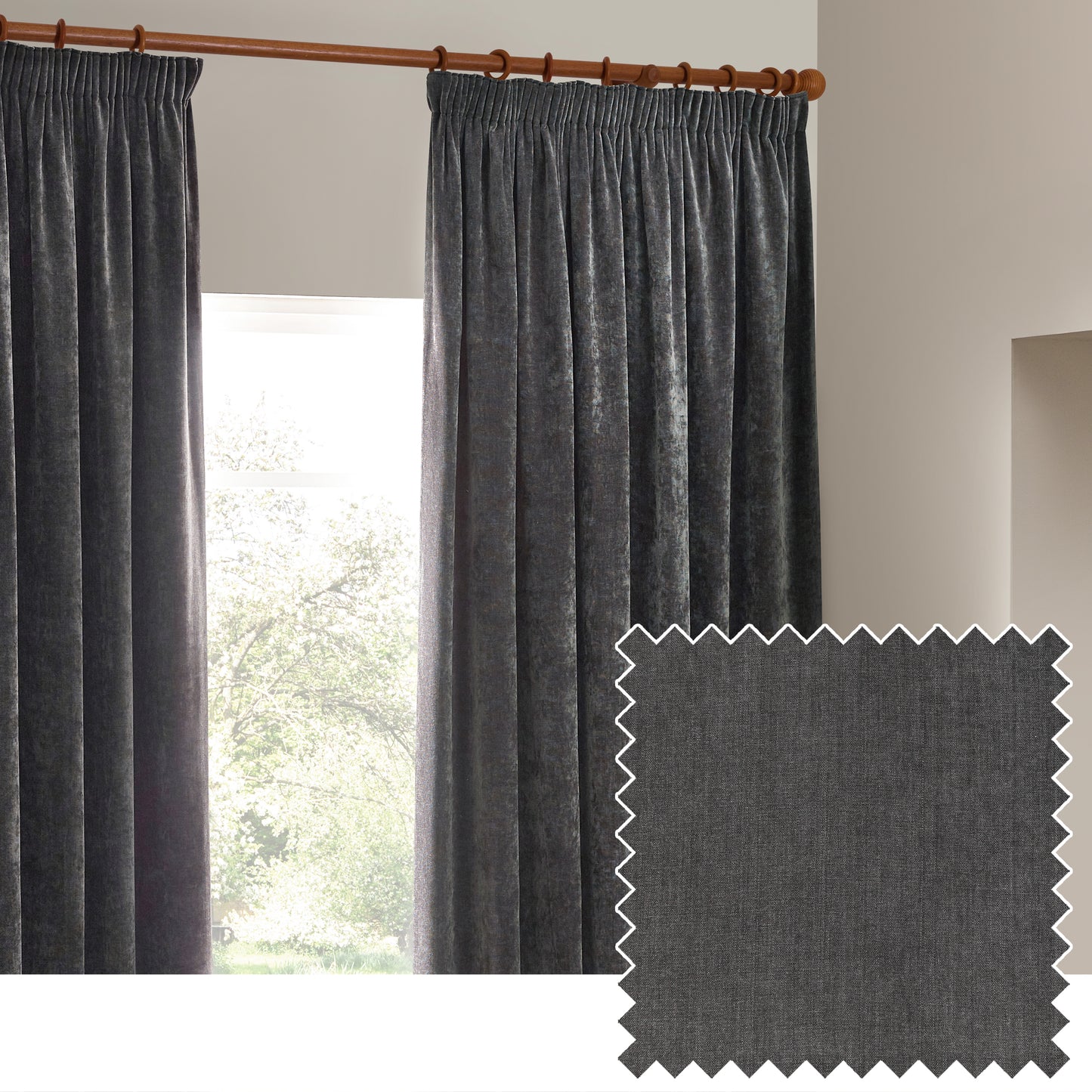 HEAVY CHENILLE 229X229 PENCIL PLEAT CURTAIN CHARCOAL