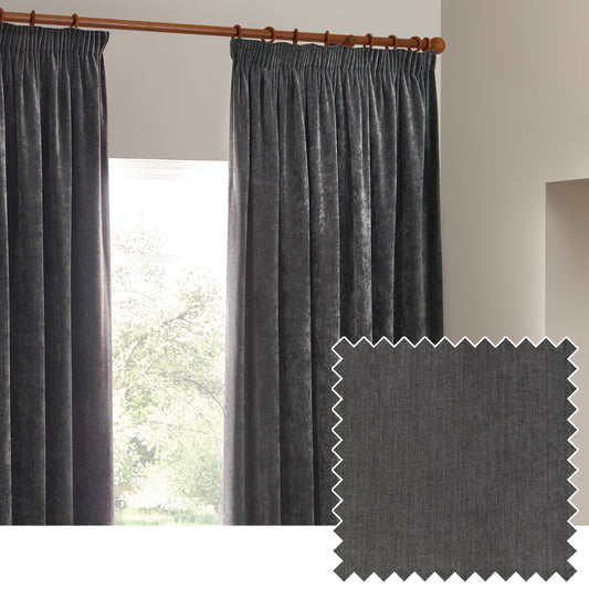HEAVY CHENILLE 229X229 PENCIL PLEAT CURTAIN CHARCOAL