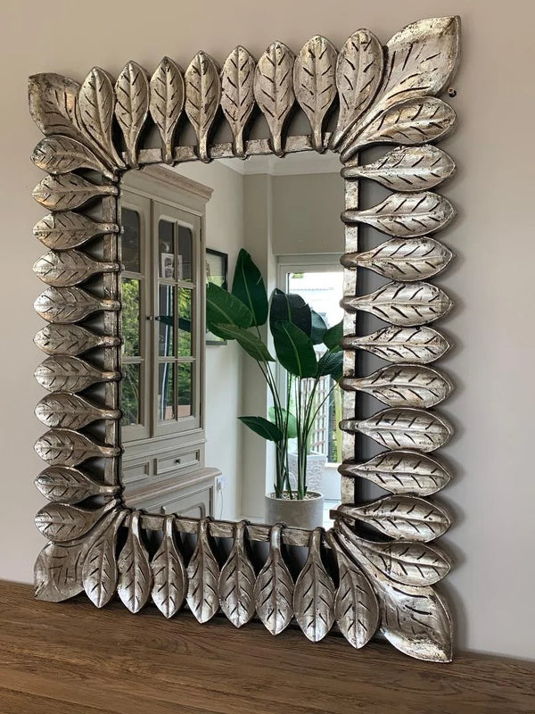 Hand Carved Leaf Silver Mirror