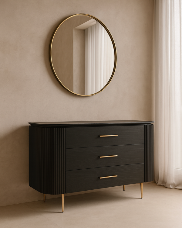 Lantine 3 Drawer Dresser - Black Oak & Brass - Tommy Franks