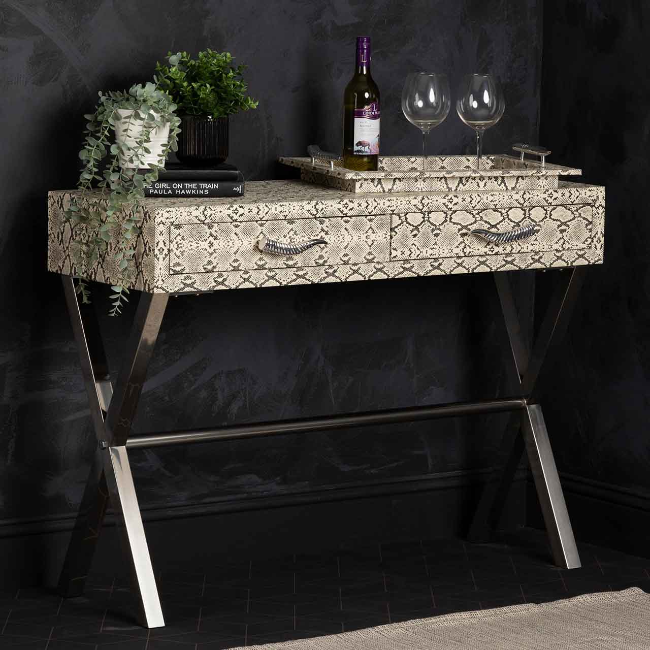 Faux Snake Leather 2 Drawer Console Table Black and White-Horn Handle