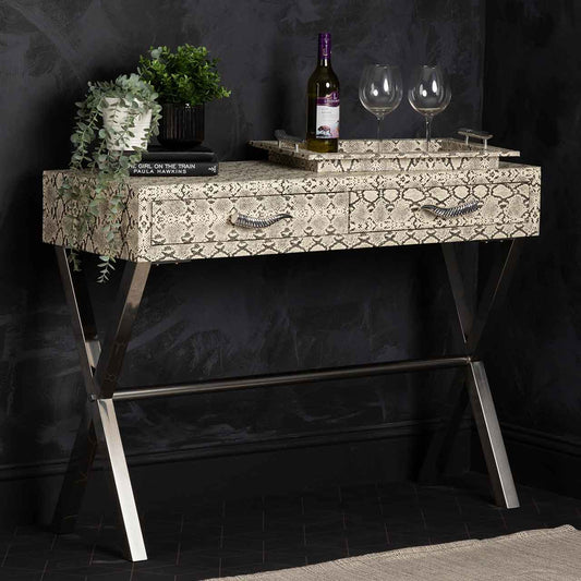 Faux Snake Leather 2 Drawer Console Table Black and White-Horn Handle