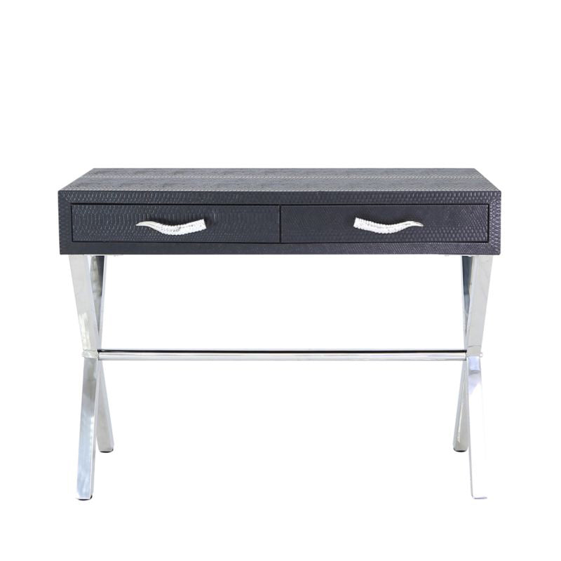 Faux Snake Leather 2 Drawer Console Tbl Black Horn Handle