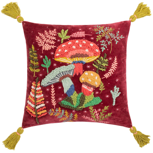 MAGIC MUSHROOMS 45X45 FEATHER FILLED CUSHION RUBY RED
