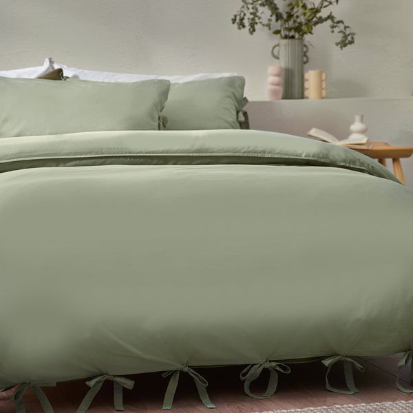 Mallow Bow Tie Super King Duvet Set Soft Sage - Riva