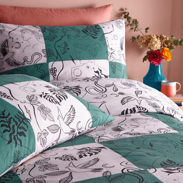 Mythos Checkerboard Single Duvet Set Green/Natural - Riva